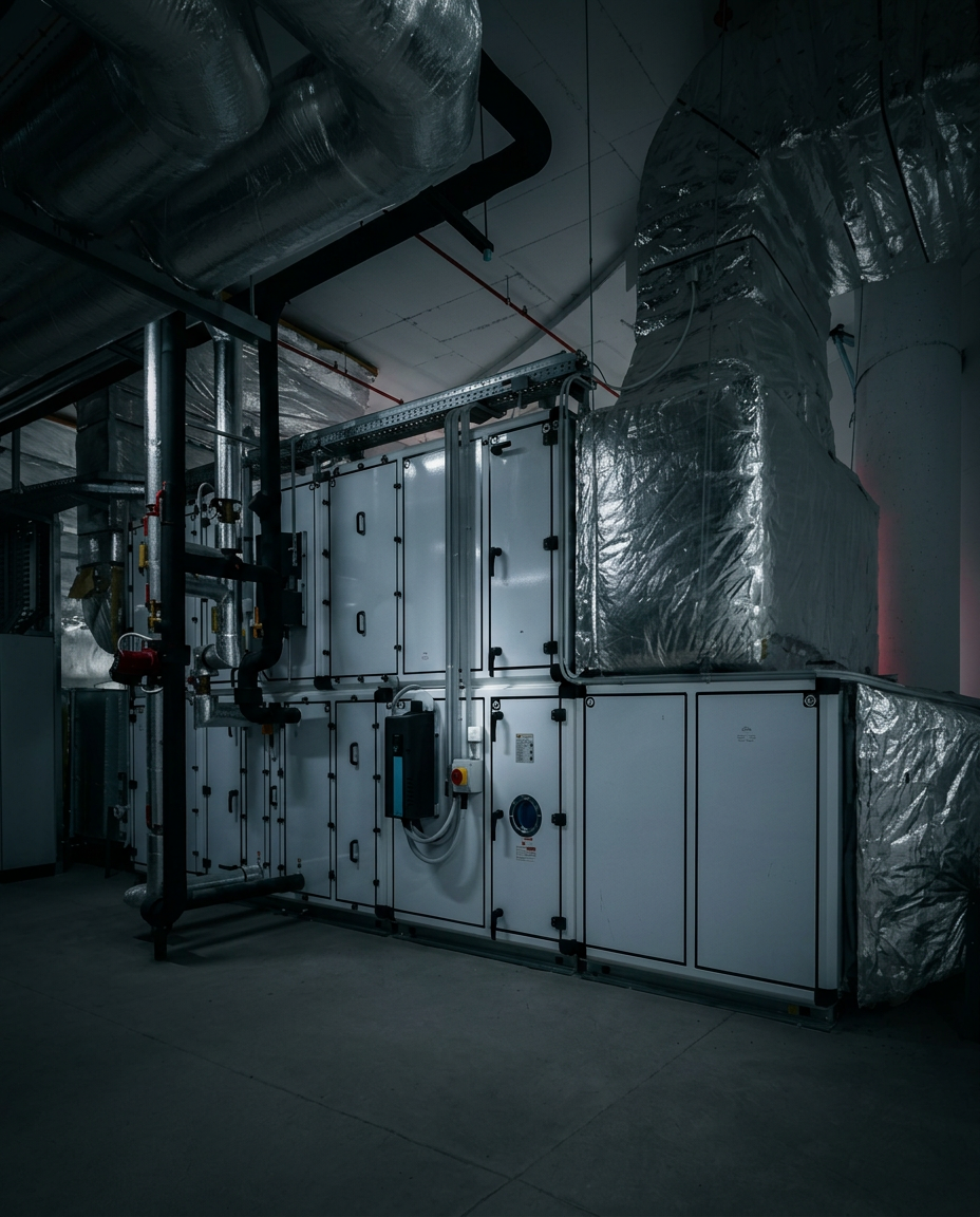 Mechanical plantroom with air handling units, ductwork and smoke control equipment
